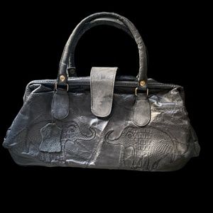 Genuine Leather Black Elephant Print Handbag